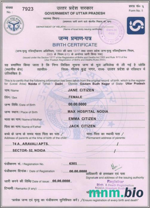 India Government of Uttar Pradesh narodziny certyfikat szablon w formacie PSD